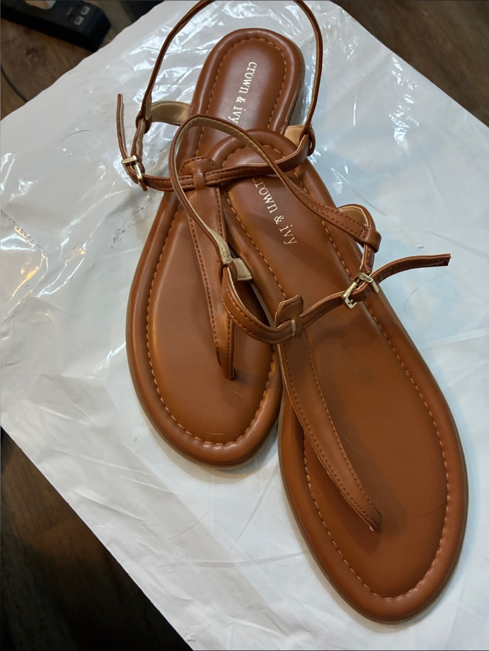 crown & ivy Brown Strappy T‑Bar Sandals with Gold Buckles